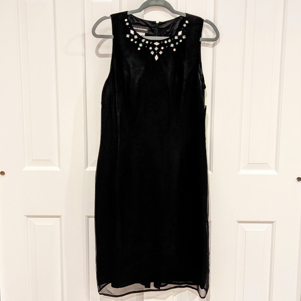 Donna Morgan Silk Sleeve-less Sheath Dress with Rhinestones